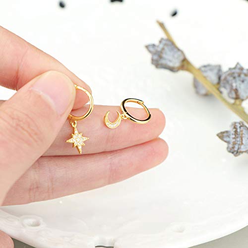 MILACOLATO 925 Sterling Silver Hoop Earrings for Women 18K Gold/Rhodium Plated Drop Dangle Hoop Earrings with Charms Cross Spike Moon Star Paperclip Link Statement Earrings Convertible Link Huggie Earrings Hypoallergenic - color: Gold Tone : Moon Star Ear