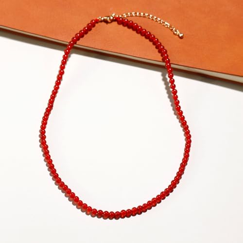 Simple Choker Necklace for Women Real Stone and Crystals Necklaces 4mm Beaded Choker Jewelry Meditation Gift for Women (16"+2") - style: Red Agate