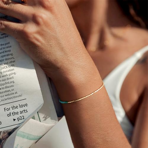 MYEARS Women Beaded Bracelet Gold Gemstone 14K Simple Dainty Handmade Chain Everyday Boho Beach Jewelry - style: Turquoise