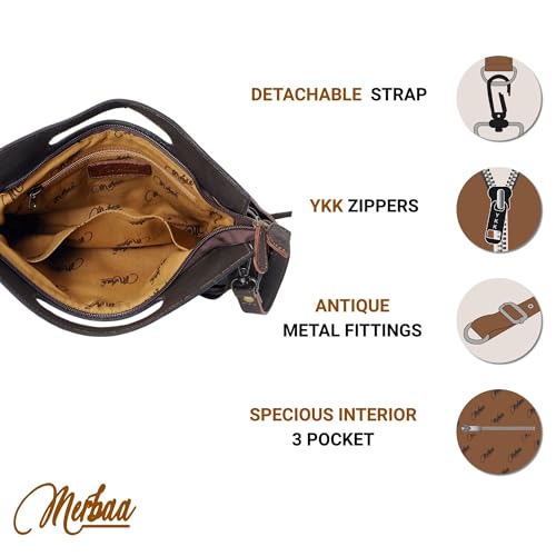 Merbaa Women Natural Cowhide Leather Crossbody Sling Bag With Adjustable Detachable Strap | Shoulder Bag | Handbag - color: Brown
