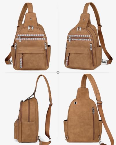 FADEON Large Sling Bag for Women, Leather Crossbody Purse Designer Anti Theft Sling Backpack, RFID Fanny Packs for Travel - color: Camel Brown Nubuck Style