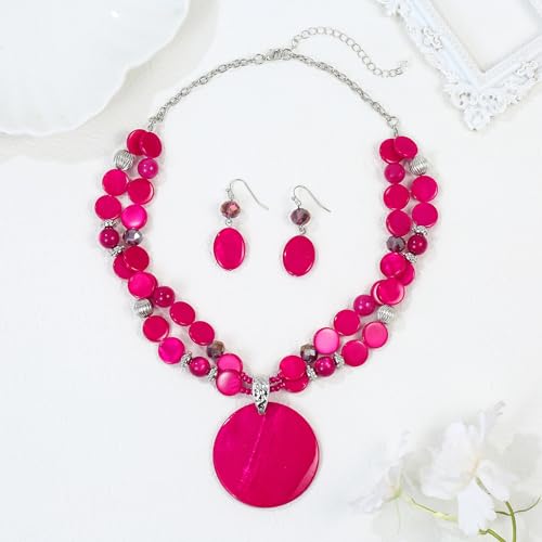 Layered Beads Statement Fashion Necklace Chunky Jewelry Set Big Colorful Glass Stone Circle Shell Pendant Choker Necklace and Earring Set for Women - color: fuchsia pink