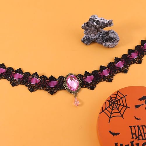Gothic Vampire Choker Necklace for Women Adjustable Vintage Victorian Mystery Pirate Witchy Jewelry Emo Punk Black Lace Choker Costume - color: pink