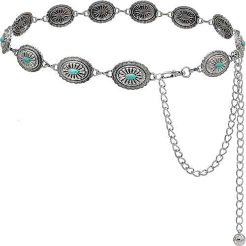Women's Concho Chain Belt Western Cowgirl Metal Waist Chain Belt for Dress - color: B Silver, size: L: 53.1 in