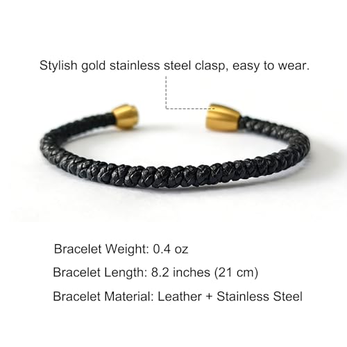 Men's Leather Bracelet, Stackable Stainless Steel Clasp Bracelets for Men Stylish Birthday, Thanksgiving, Valentine's Day Gift for My Man - style: 8.2" Black and Golden