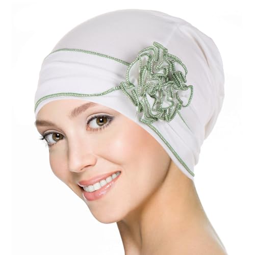 Headwrap Turbans for Women - Twist Soft Floral Solid Caps Pre Tied Chemo Beanies Headwear Hat for Cancer - color: White Green