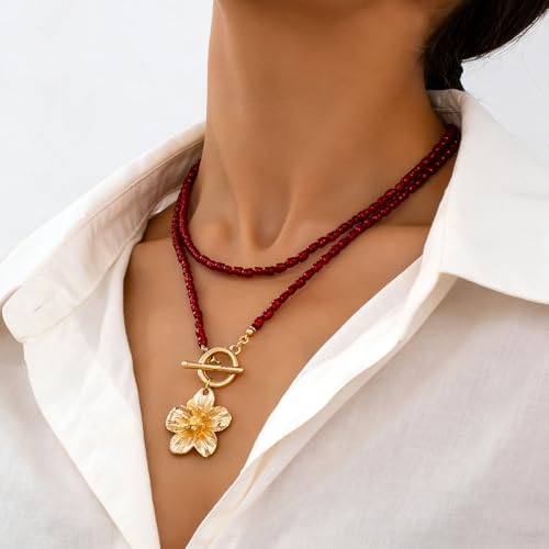 Red Beaded Necklace for Women Choker Gold Toggle Clasp Layered Stack Dainty Statement Western Boho Trendy Summer Vacation Necklaces Birthday Jewelry Gifts - color: B1:Red Beaded Necklace