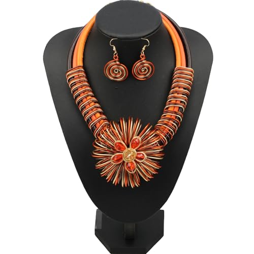 Ethnic Crystal Rhinestone Pendant Necklace Earrings Set Women Handmade Tribal Collar Choker Chunky Metal Bib Rope Chain African Statement Jewelry Set - color: NXR1418-orange