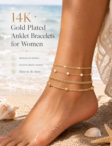 LOYALLOOK Ankle Bracelets for Women Waterproof, 14K Gold Plated Cuban Figaro Link Chain Beaded Anklets Set, Dainty Layered Anklets for Women Non Tarnish Summer Beach Foot Jewelry Adjustable Size - color: 4Pcs Anklets-Beads Style