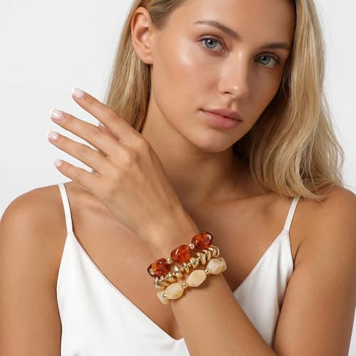 GOOJIDS Simple Beaded Gold Plated Bangles Bracelet Chunky Bamboo Tube Curved Stacking Clear Acrylic Colorful Beads Stretchable Gold Plated Bracelets Set For Women - color: T Brown&Beige Beads Set