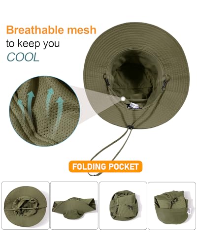 Womens Ponytail Sun Hat Packable UPF50+ Waterproof Bucket Hat Hiking Fishing Safari Hat Foldable Beach Hat - color: Army Green