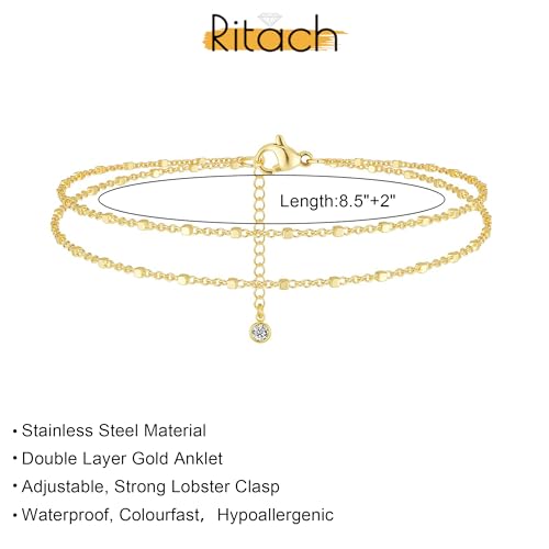Ritach Ankle Bracelets for Women - Silver/Gold Plated Stainless Steel Anklets for Women Waterproof Layered Cuban Link Figaro Chain Heart Anklets Set Summer Beach Jewelry Gifts - color: Gold-Layered Beaded Chain
