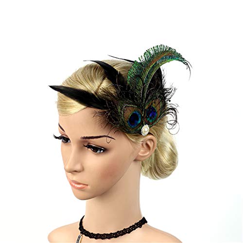 Fascinator Peacock Feather Hair Clips Flapper Headband Art Deco 20's Accessories for Women - color: 03green