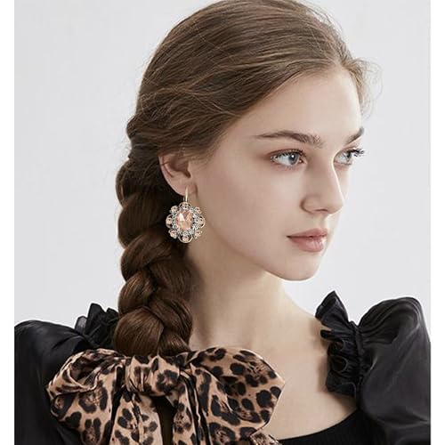 Handmade Bohemian Vintage Gold Sparkly Crystal Round Flower Leverback Earrings Cute Rhinestone Geometry Dangle Drop Earring for Women - color: Orange Pink