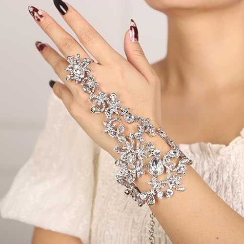 Denifery Rhinestones Finger Ring Bracelet Hand Chain Bracelets with Ring Slave Bracelets Boho Bangle Bracelets Wedding Hand Harness Hand Accessories for Women - color: Silver
