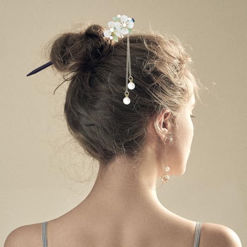 5 PACK Japanese Vintage Asian Chinese Wooden Hair Stick Retro Hairpin Flower Hair Chopsticks with Bead Pendants Forks Bun Updo Holders Handmade for Women Girls - color: White