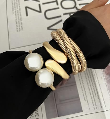 Chunky Gold Bangle Bracelets for Women, Dainty 14k Gold Plated Big Stackable Bangles Set, Trendy Cuff Bracelet Stack Fashion Jewelry Gifts - style: 3 Pearl gold bangles