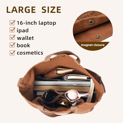 Canvas Tote Bag For Women inside out bag Crossbody Handbag with Adjustable Strap and Coin Purse for Work,Travel,Grocery - color: Brown