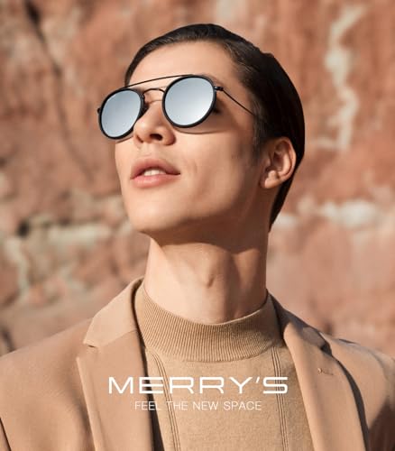 MERRY'S Retro Round Polarized Sunglasses - Unisex Double Bridge Sun Glasses - color: Matte Black Frame/Matte Black Bridge/Silver Mirror Lens