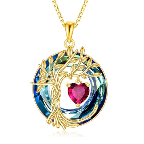 POPLYKE Mothers Day Gifts for Mom Her Wife Tree of Life Necklace 925 Sterling Silver Birthstone Pendant with Crystal Anniversary Birthday Wedding Jewelry for Women - color: 07-Jul-Ruby, style: 18K Gold Plated-Blue Crystal