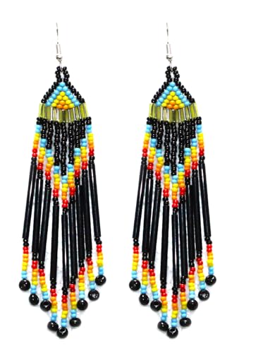 Long Beaded Dangle Earrings – Boho Native Handmade Seed Bead Tassel Bohemian Large Statement Drop Fringes for Women - color: Pattern4