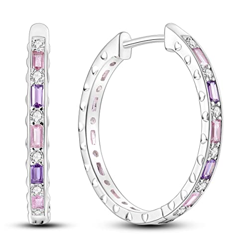 Parmuz 925 Sterling Silver Earrings Hoops for Women Ladies Simple Lightweight Twisted Medium Hoop Earrings With Cubic Zirconia Hypoallergenic Jewelry for Her - color: Pink Big hoop earring