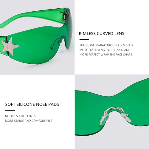 Rimless Y2K Sunglasses for Women Men Wrap Around Fashion Sunglasses Oversized Frameless Trendy Sun Glasses - color: Green Frame / Green Lens