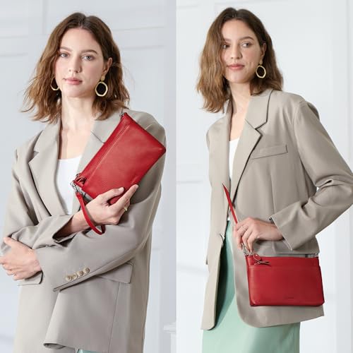 befen Genuine Leather Wristlet Clutch Wallet Purses with RFID Blocking, Small Crossbody Bags Shoulder Handbag for Women - color: Fire-engine Red