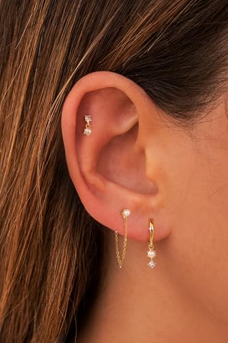 Pearl Earrings for Women, Gold Plated Huggie Hoop Drop Earrings | Hypoallergenic pearl hoop earrings designed for multiple piercings, cartilage styling and everyday wear - style: 4 pearl stud chain earring set-gd