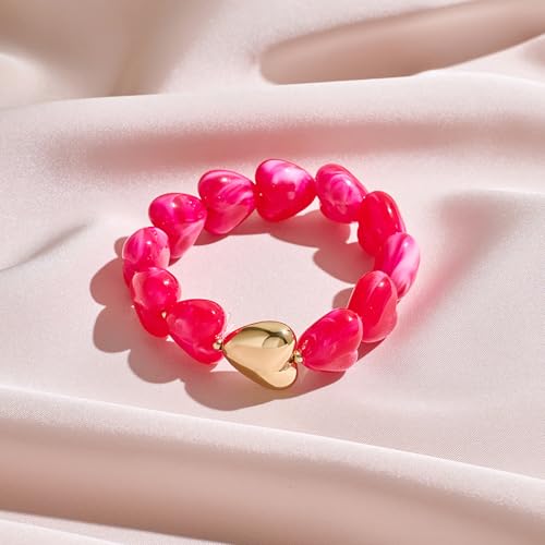 Multicolor Chunky Beaded Bracelet for Women Bold Acrylic Resin Stretch Bracelet Summer Beach Statement Bracelets Trendy Elastic Bangle Jewelry - color: Heart bracelet-rose red