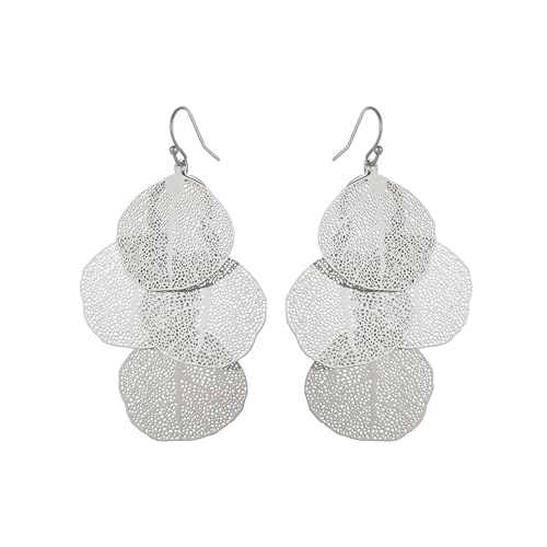 Bohemian Boho Filigree Leaf Chandelier Dangle Earrings for Women – Handcrafted Delicate – 14K Gold Plated – Lightweight - style: Silver - 3 Layered Circle Leaf Chandelier