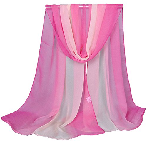 Women Soft Chiffon Lightweight Neck Scarf Head Hair Wrap - color: Fuchsia&beige