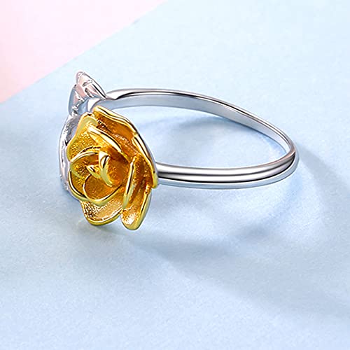 U7 Rose Flower Ring, Stackable Band Ring for Women Girls, Platinum Silver/Gold/Rose Gold Red Signet Rings Adjustable Fit Size 5 to 10 - color: Yellow Rose-925 Silver