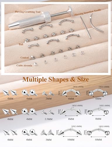 Eyebrow Piercing Jewelry Set with Tool, Surgical Steel Curved Barbell Kit with CZ, Spike & Ball Replacement Ends, Internal Thread 6mm/8mm/10mm Rook Daith Lip Rings for Women Men - color: 14G Silver