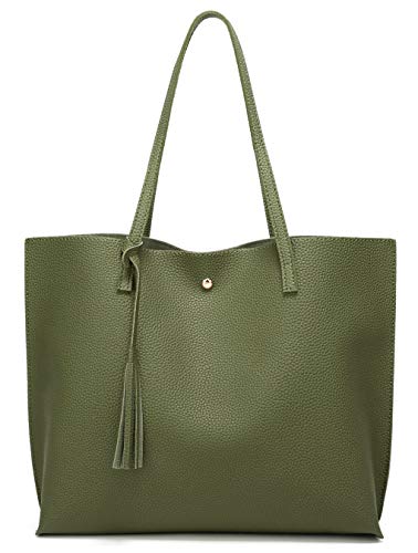 Dreubea Women's Soft Faux Leather Tote Shoulder Bag from, Big Capacity Tassel Handbag - color: Army Green