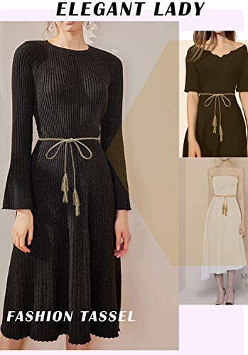 TeeYee Women Girls Multi Colors Braided Waist Tie Belt/Rope/Chain with Tassel Fringe Wrap Cloth Belts for Ladies Dress Pants - color: Apricot