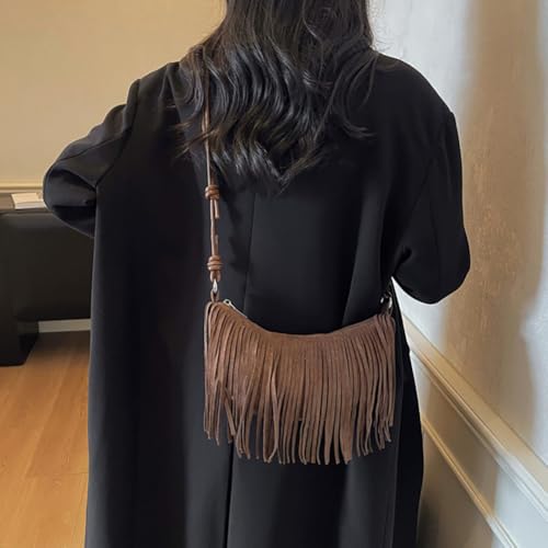 Women's Vegan Suede Fringe Crossbody Bag, Boho Crescent Shoulder Crossbody Purse, Retro Tassel Hippie Small Handbag Tote - color: Coffee