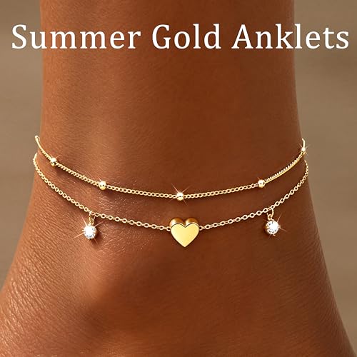 Gold/Sterling Silver Anklet Bracelets for Women Waterproof, Non Tarnish 925 Sterling Sliver Plated Heart Evileye Butterfly Charm, Dainty Summer Beach Anklets for Women, Beach Vacation Bikini Outfits for Her Mom - style: Heart-Gold
