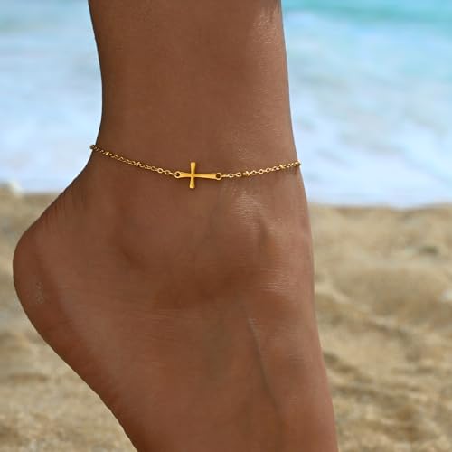 Cross Anklets for Women, 18K Gold Plated Dainty Ankle Bracelets with Colorful Beads Pearl Anklet, Adjustable Religious Christian Satellite Cross Chain, Waterproof Boho Summer Beach Jewelry - style: Satellite Cross-Gold