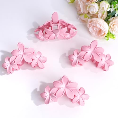 ANBALA 4PCS Flower Hair Clips, Tropical Plumeria Hair Clips for Women, Large Non-Slip Strong Hold Claw Clips, Beach Hair Accessories, Pink (4 Count) - color: pink