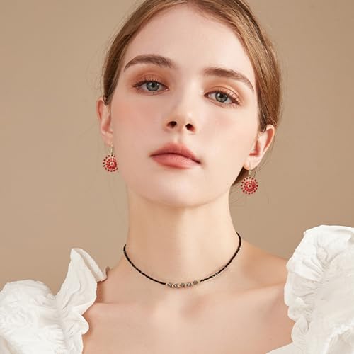 Bohemian Vintage Sliver Geometry Enamel Flower Lightweight Dangle Hoop Earrings Ethnic Handmade Circle Disc Teardrop Earrings For Women - color: Gold Red