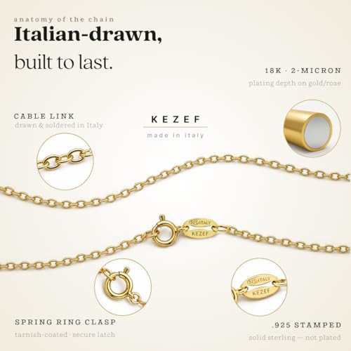 KEZEF 18K Gold Plated 925 Sterling Silver Box Chain Necklace for Women, 1mm Thin & Sturdy Italian Chain Necklace, Rose Gold & Silver Available, 15/16/18/20/22/24/30 Inch - color: 18k Gold, size: 30 Inch