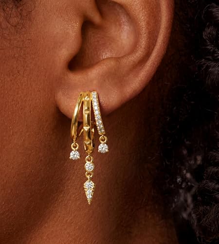 Triple Huggie Stacked Earrings for Women Gold Chain Drop Dangle Earrings Cute Statement CZ Earrings Trendy Dainty Jewelry Gift - color: Gold 5