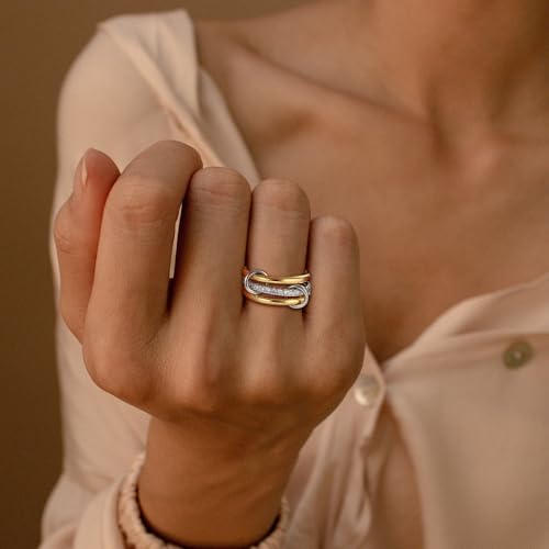 SLOONG Gold Stackable Rings for Women Non Tarnish, Dainty 18K Gold Plated Cubic Zirconia Rings, Silver Rose Gold Rings Set, Multi Ring Mixed Metals Stackable Ring Set for Women - style: 3PCS Gold&Silver