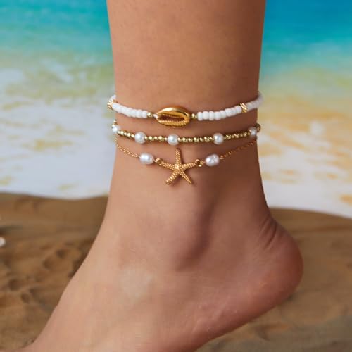 3PCS Boho Anklets for Women Summer Beach Women's Ankle Bracelets Beaded Anklet Bracelet Waterproof Beach Anklets Shell Starfish Anklet Foot Chain Jewelry for Women - color: 3PCS/style 20