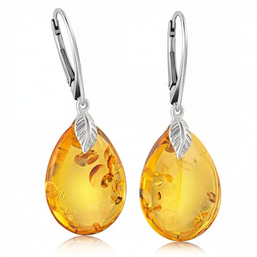 Leverback Dangle Earrings for Women – Gold-Plated 925 Silver Drop Earrings with Natural Yellow Baltic Amber Piece, Lightweight Jewelry with Secure Closure for Everyday Elegance - color: Silver Teardrop