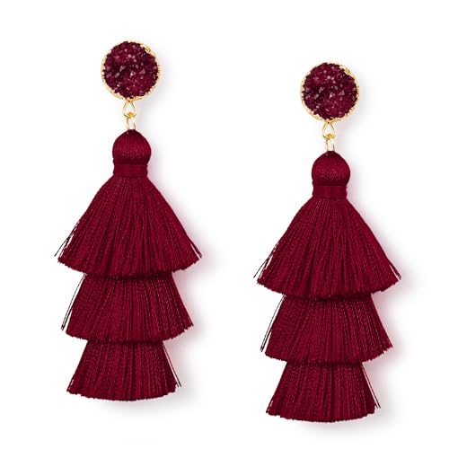 Me&Hz Colorful Layered Tassel Earrings Bohemian Statement Tiered Tassel Big Dangle Drop Earrings for Women Druzy Studs Valentine’s Day Gift - color: Burgundy