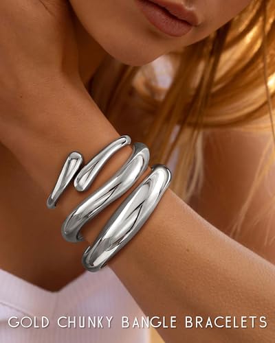 Chunky Bangle Bracelets for Women, Dainty 14k Gold Plated Big Stackable Bangles Set, Trendy Statement Women's Cuff Bracelet Stack Waterproof Chunky Bracelets Jewelry Gifts