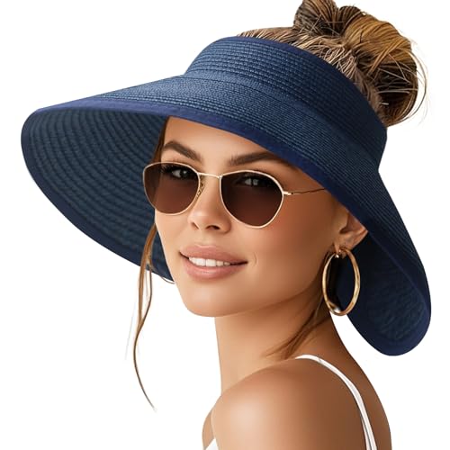 NPQQUAN Sun Visor Hats for Women Wide Brim Ponytail Straw Beach Hat Packable Foldable UPF 50+ Floppy Travel Hats - color: (Blue)), style: Classic