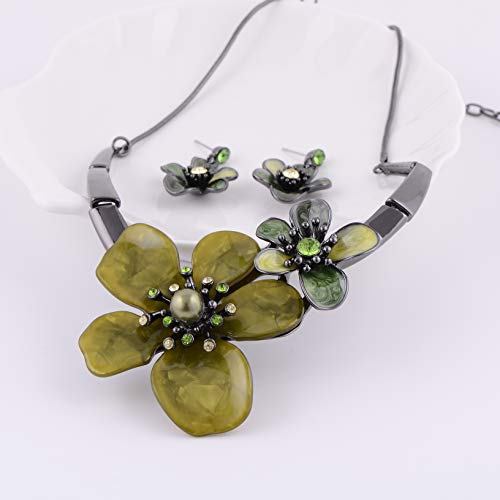 AMYJANE Vintage Statement Jewelry Set - Spring Leaf Flower Floral Plant Necklace Earring Set Crystal Rhinestone Fashion Costume Jewelry for Women Prom Party Unique Gift - style: 2 Flower Jewelry Set Green
